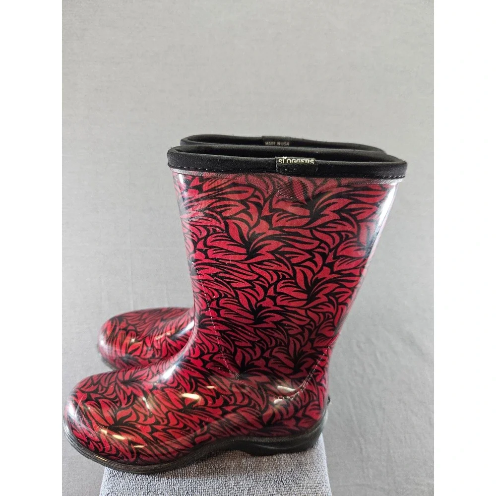 Sloggers Womens Red Black Leaf Print Waterproof Rain Garden Boots Made in USA 9